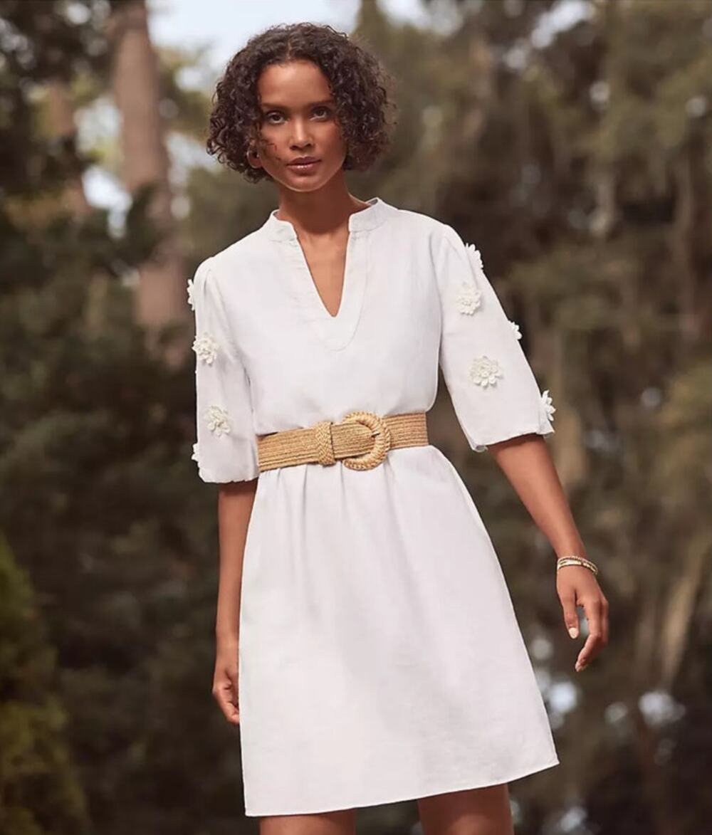 LOFT White Linen Blend Shift Dress Eyelet Sleeves Summer Resort Size M NWT